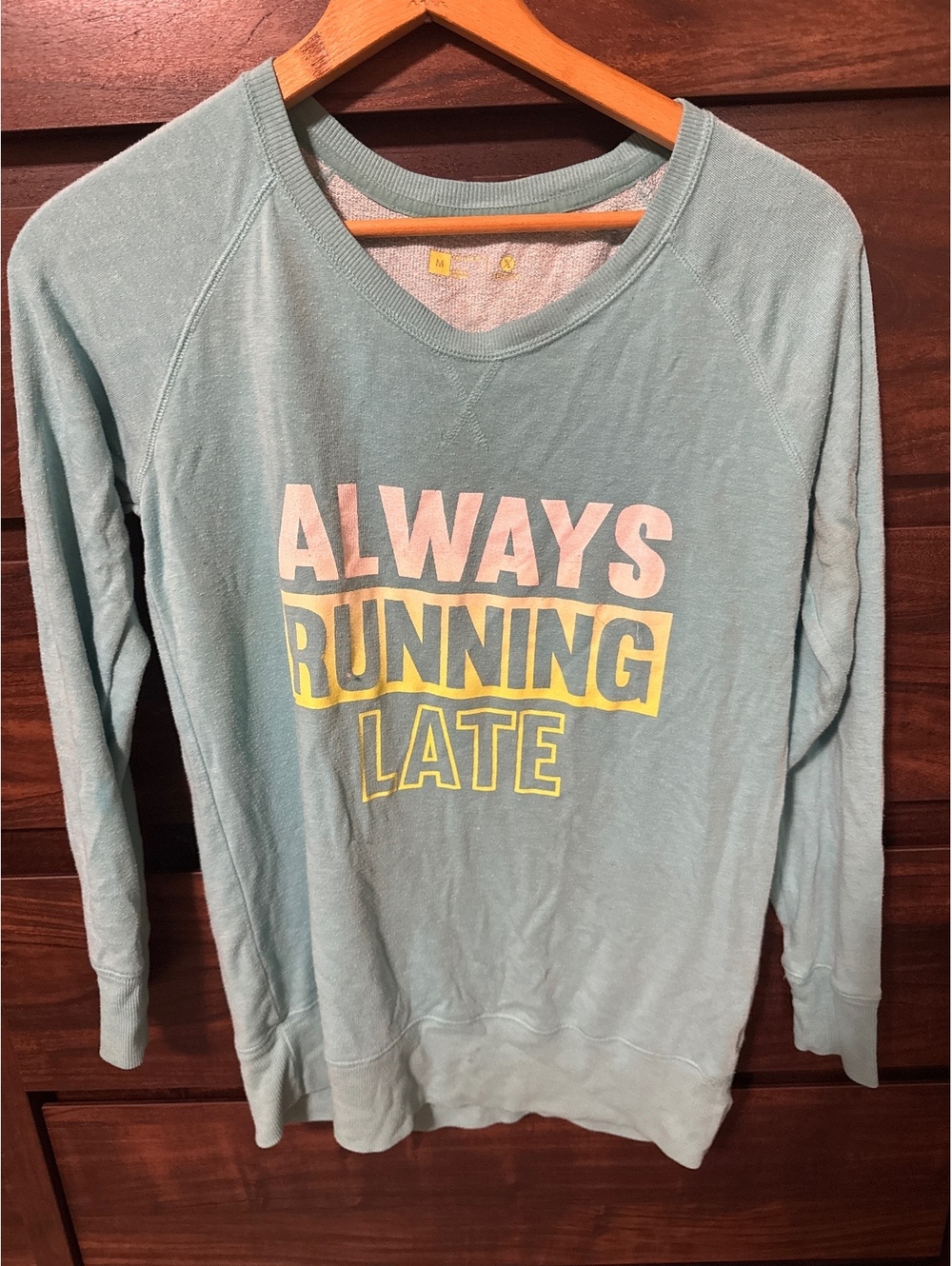 Xersion Light Blue 'Always Running Late' Sweatshirt, Size Medium